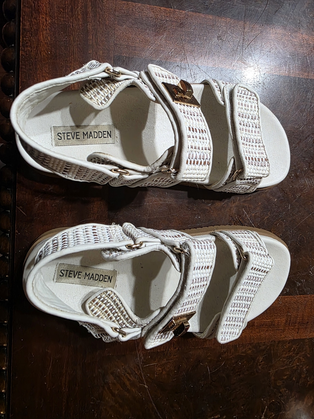 Steve Madden Cream Woven Buckle Sandals with Gold Accent